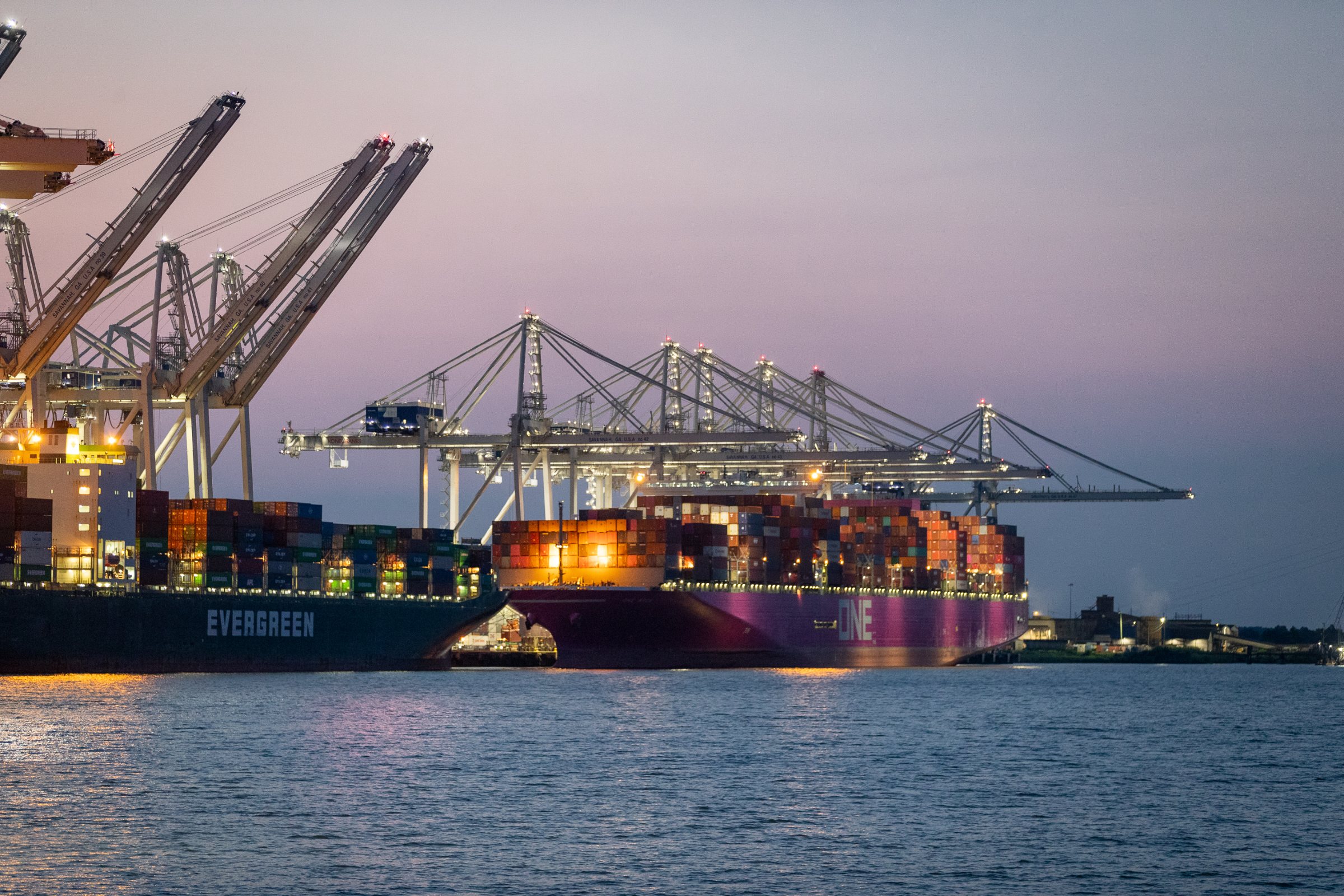 Container port at dusk